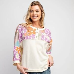 EASEL NWT Flower Power Terry Knit Henley Boho Top - Ivory Size Medium
